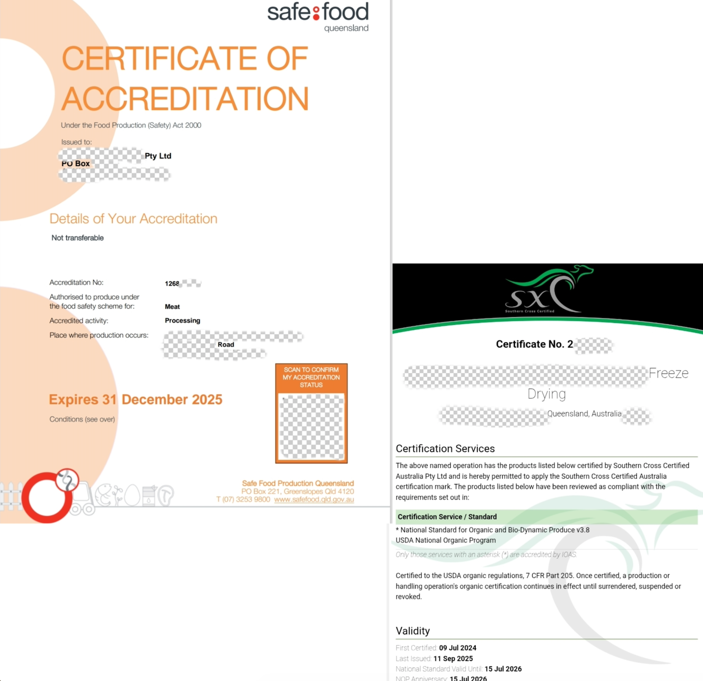 wo certification documents from Safe Food Queensland and Southern Cross Certified on a white background.