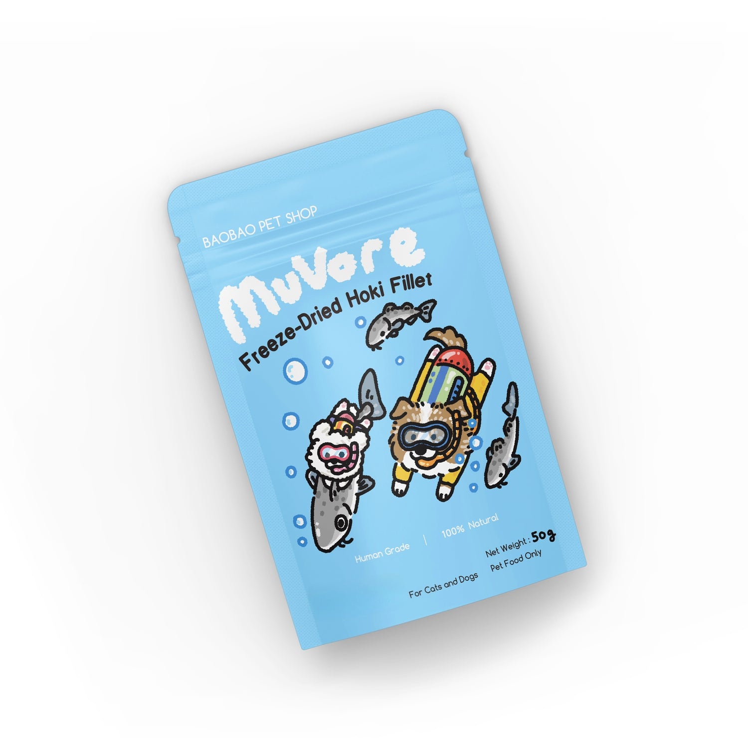 Blue package of MuVore freeze-dried hoki fillet for pets on a white background