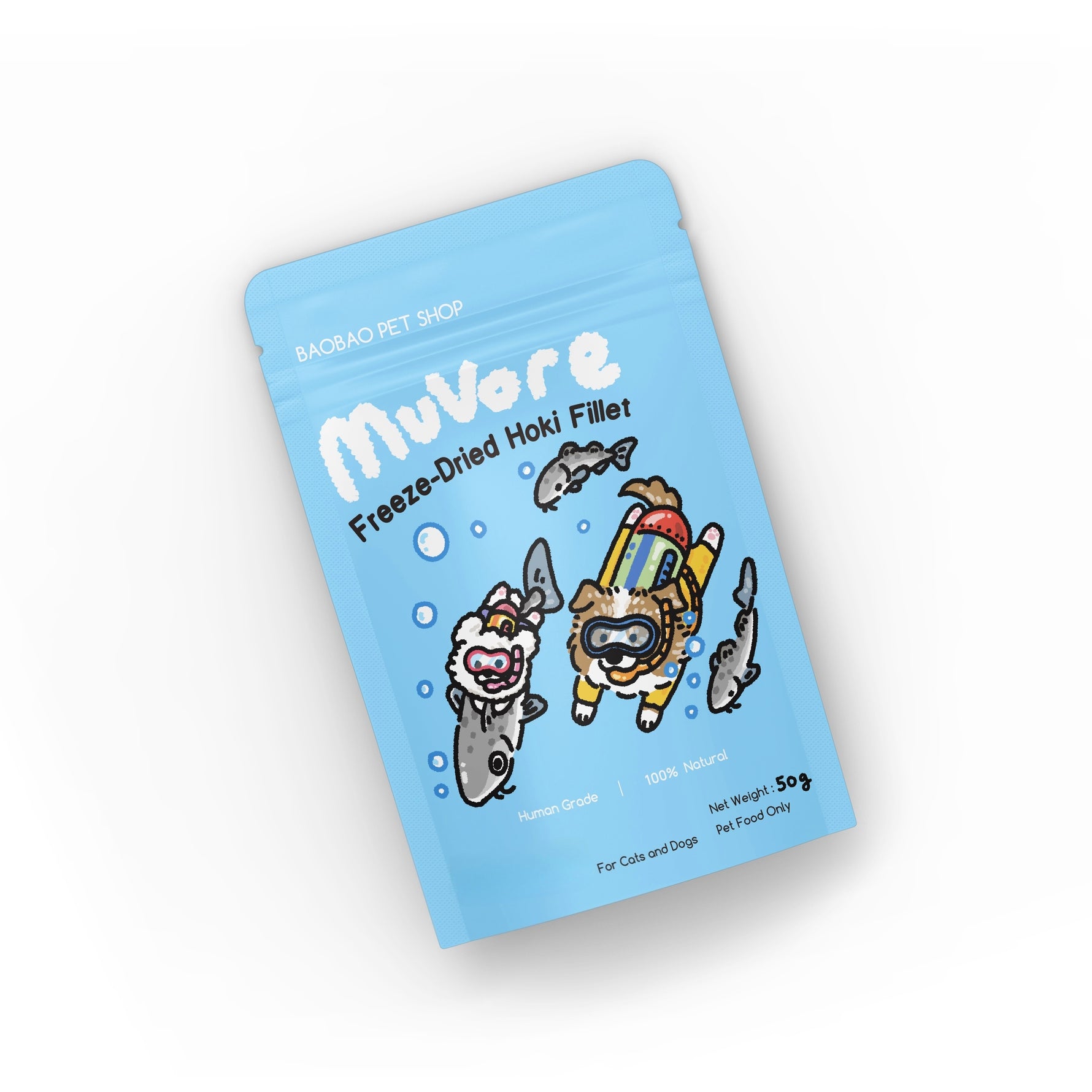 Blue package of MuVore freeze-dried hoki fillet for pets on a white background