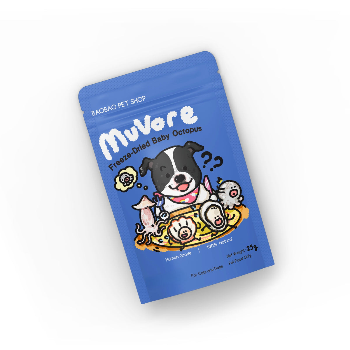 Blue package of MuVore freeze-dried baby octopus for pets on a white background
