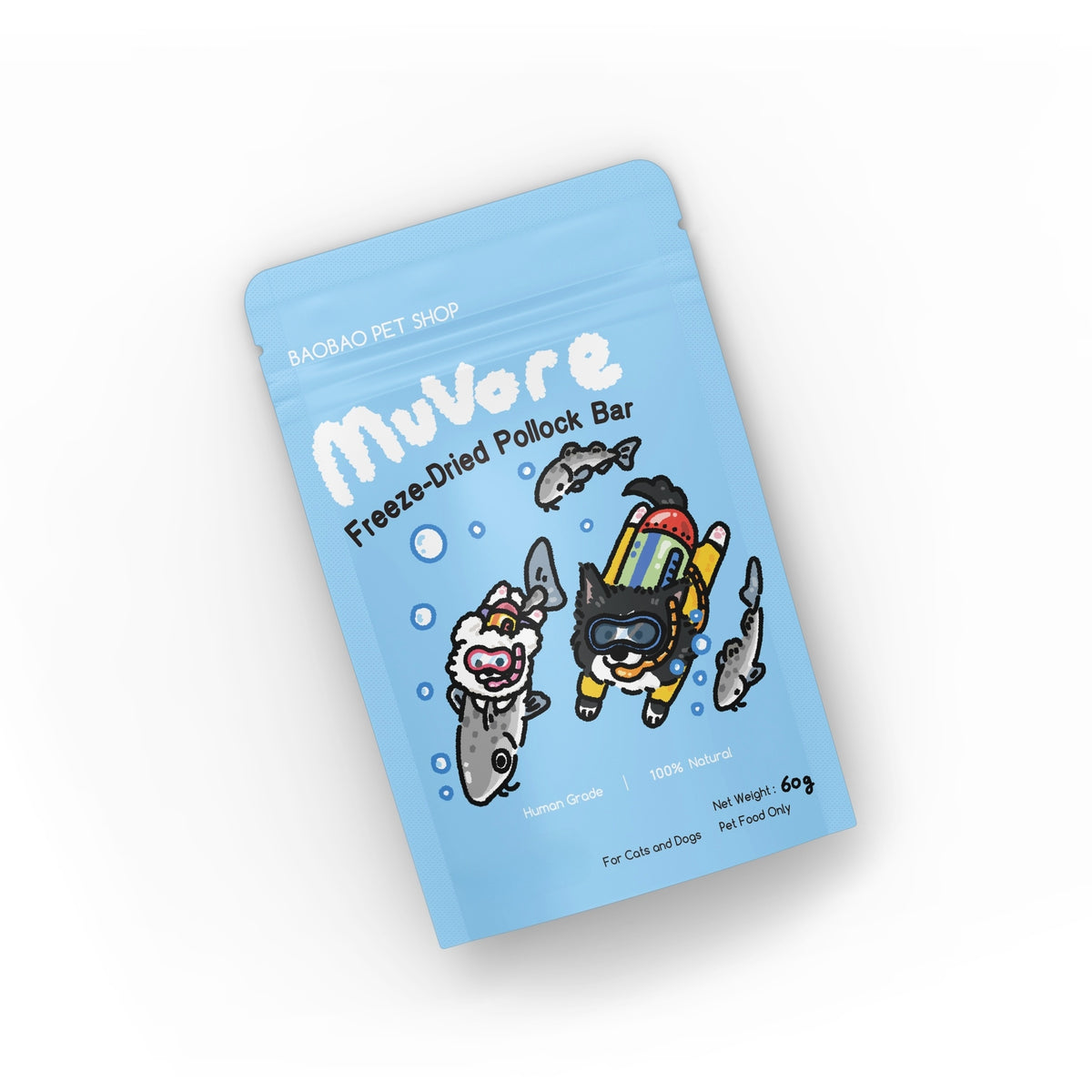Muvore freeze-dried pollock bar packaging on a white background