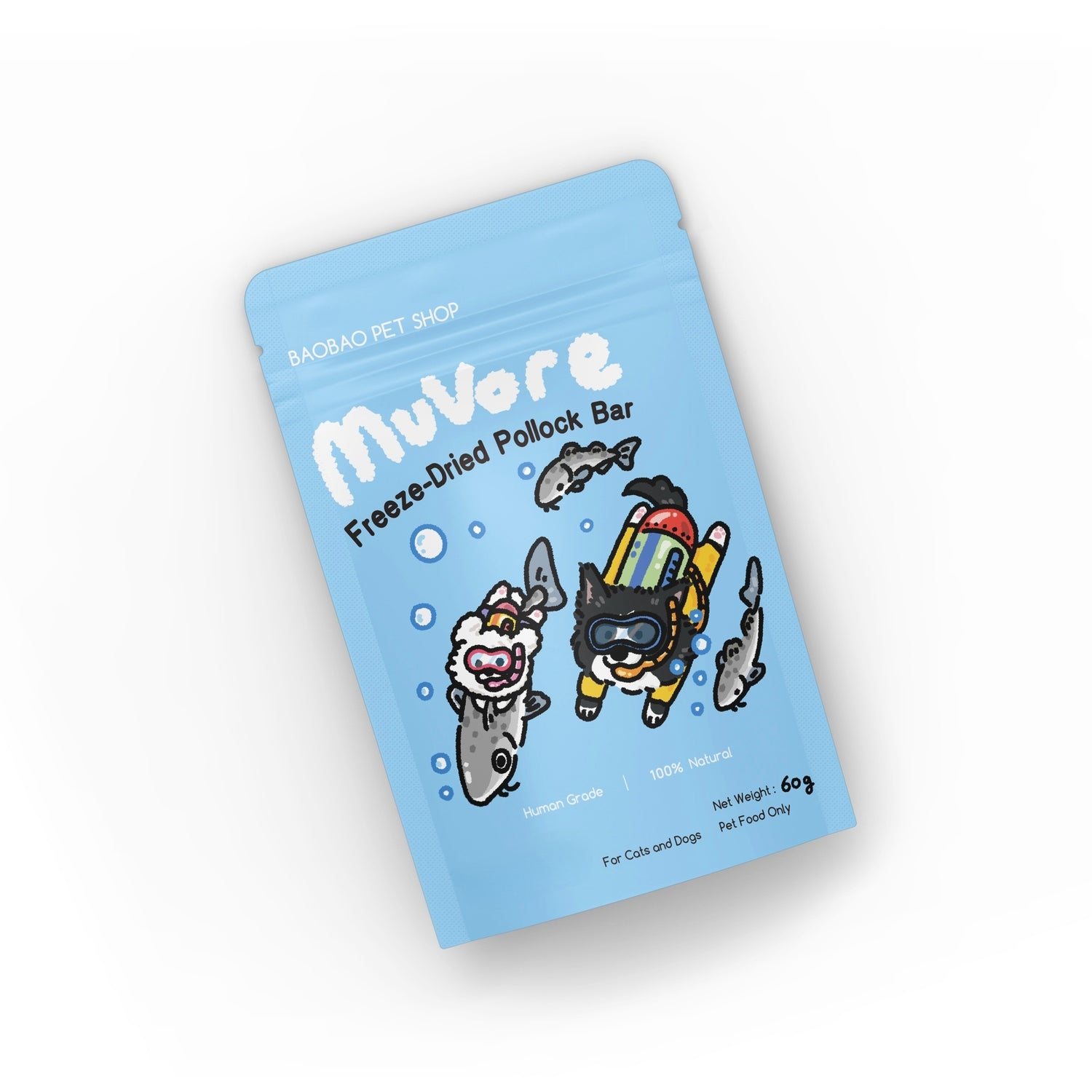 Muvore freeze-dried pollock bar packaging on a white background