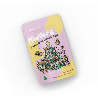 Package of MuVore freeze-dried butterfly quail on a white background