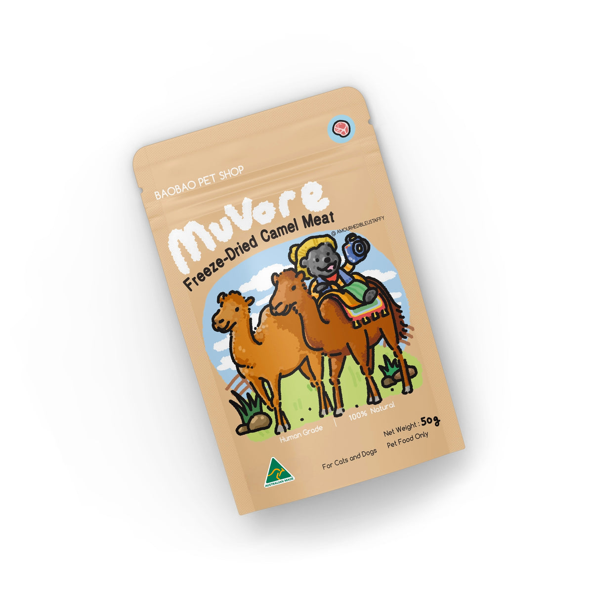 Package of MuVore freeze-dried camel meat for pets on a white background