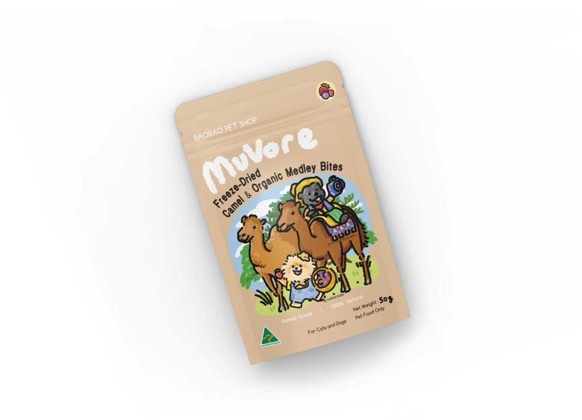 Package of MuVore Freeze-Dried Camel & Organic Medley Bites on a white background