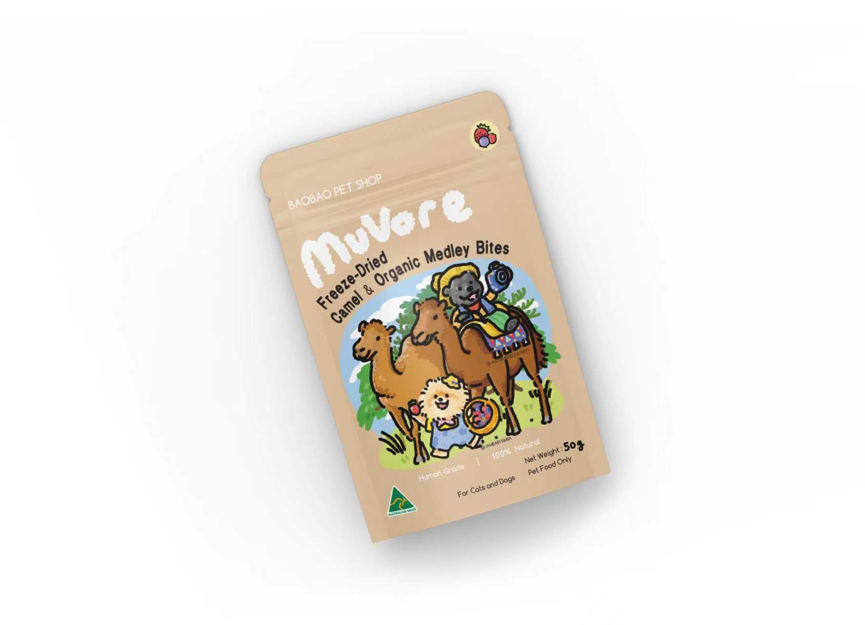 Package of MuVore Freeze-Dried Camel & Organic Medley Bites on a white background
