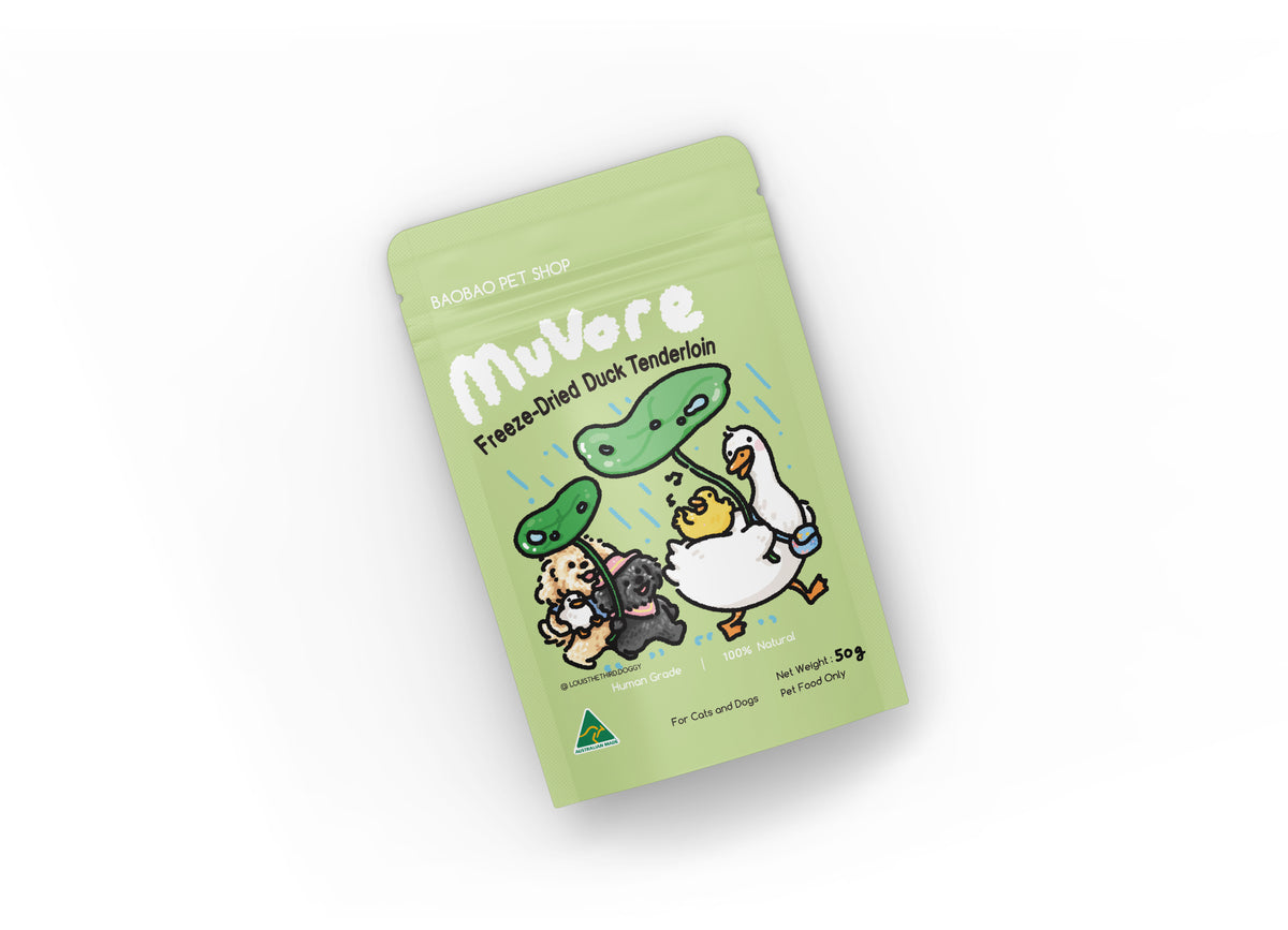 Green package of MuVore freeze-dried duck tenders on a white background