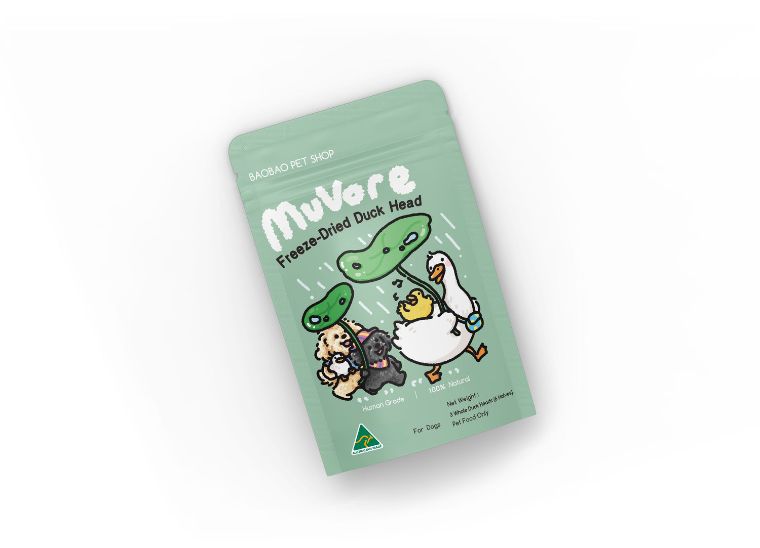 Green package of MuVore freeze-dried duck head for dogs on a white background