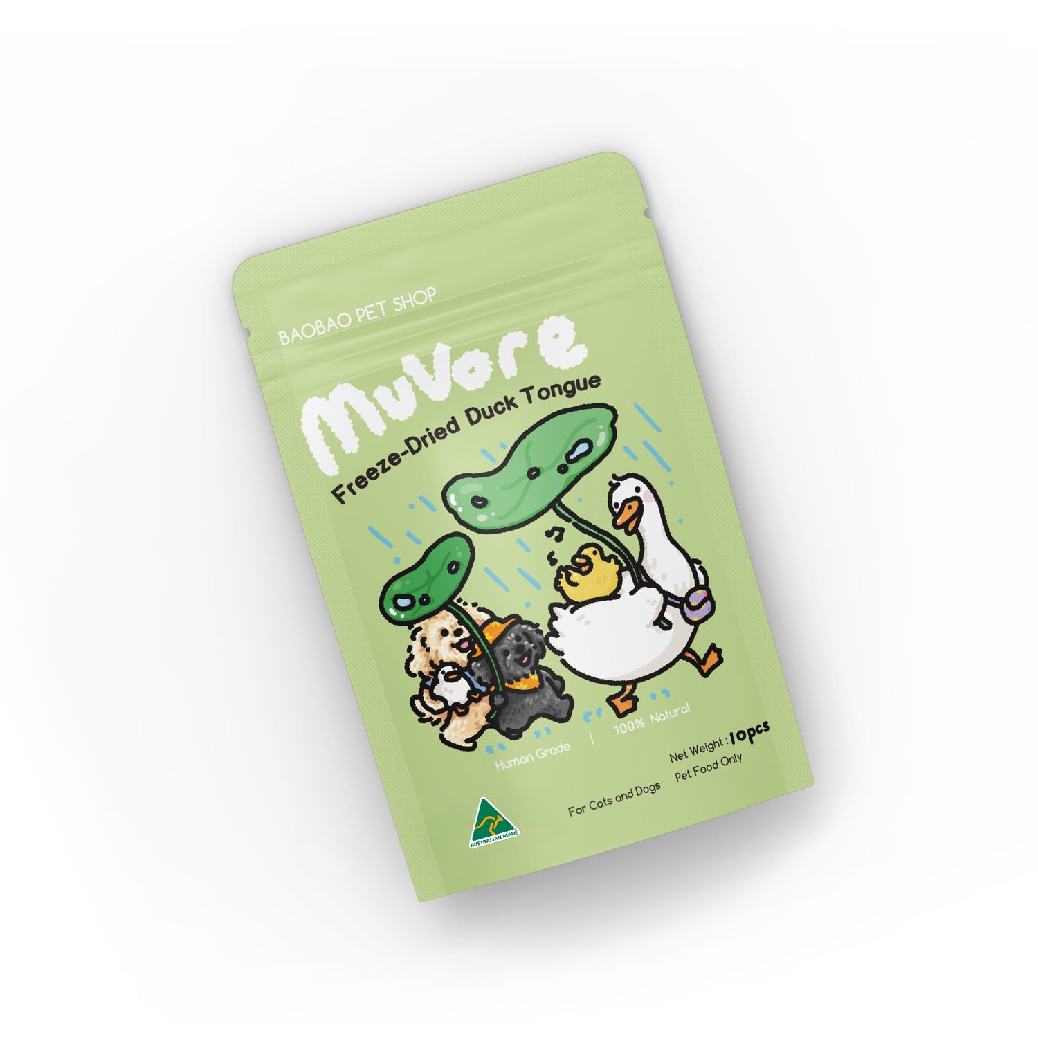 Green package of MuVore freeze-dried duck tongue for pets on a white background