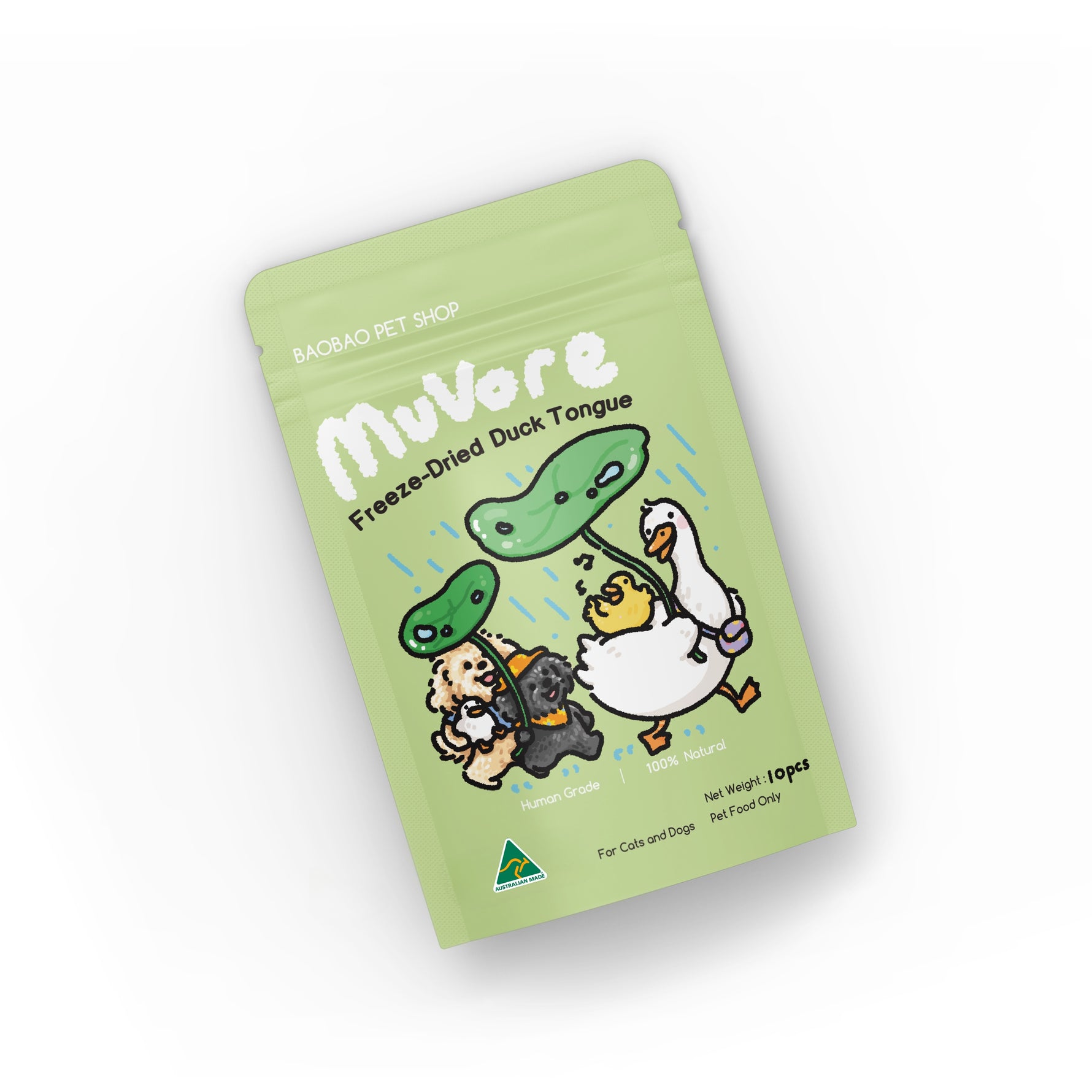 Green package of MuVore freeze-dried duck tongue for pets on a white background