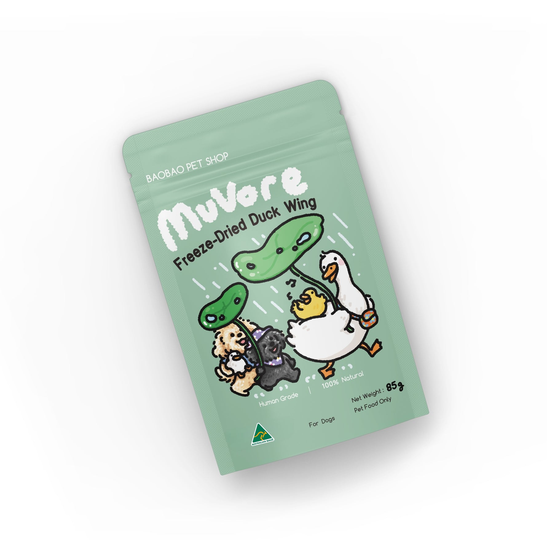 Green package of Mulvore freeze-dried duck wing for dogs on a white background