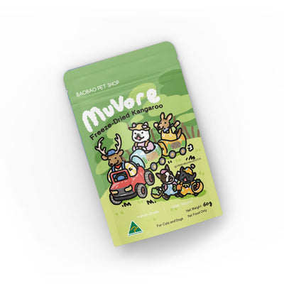 Green package of MuVere freeze-dried kangaroo product with cartoon animals on a white background