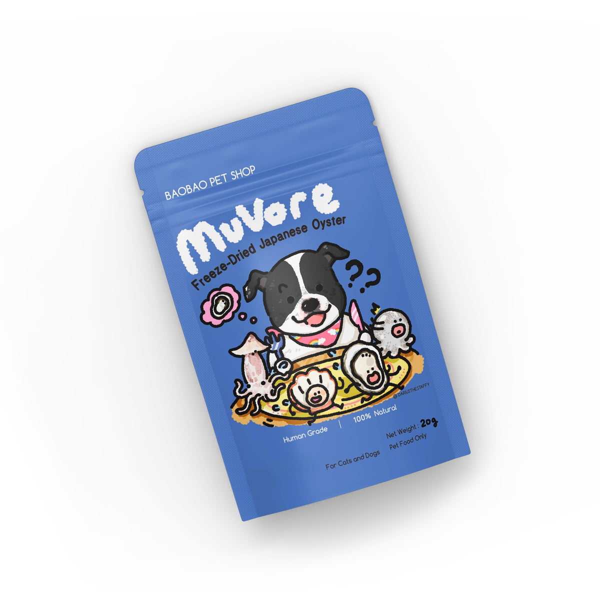Blue package of MuVore frozen-dried Japanese oyster for pets on a white background