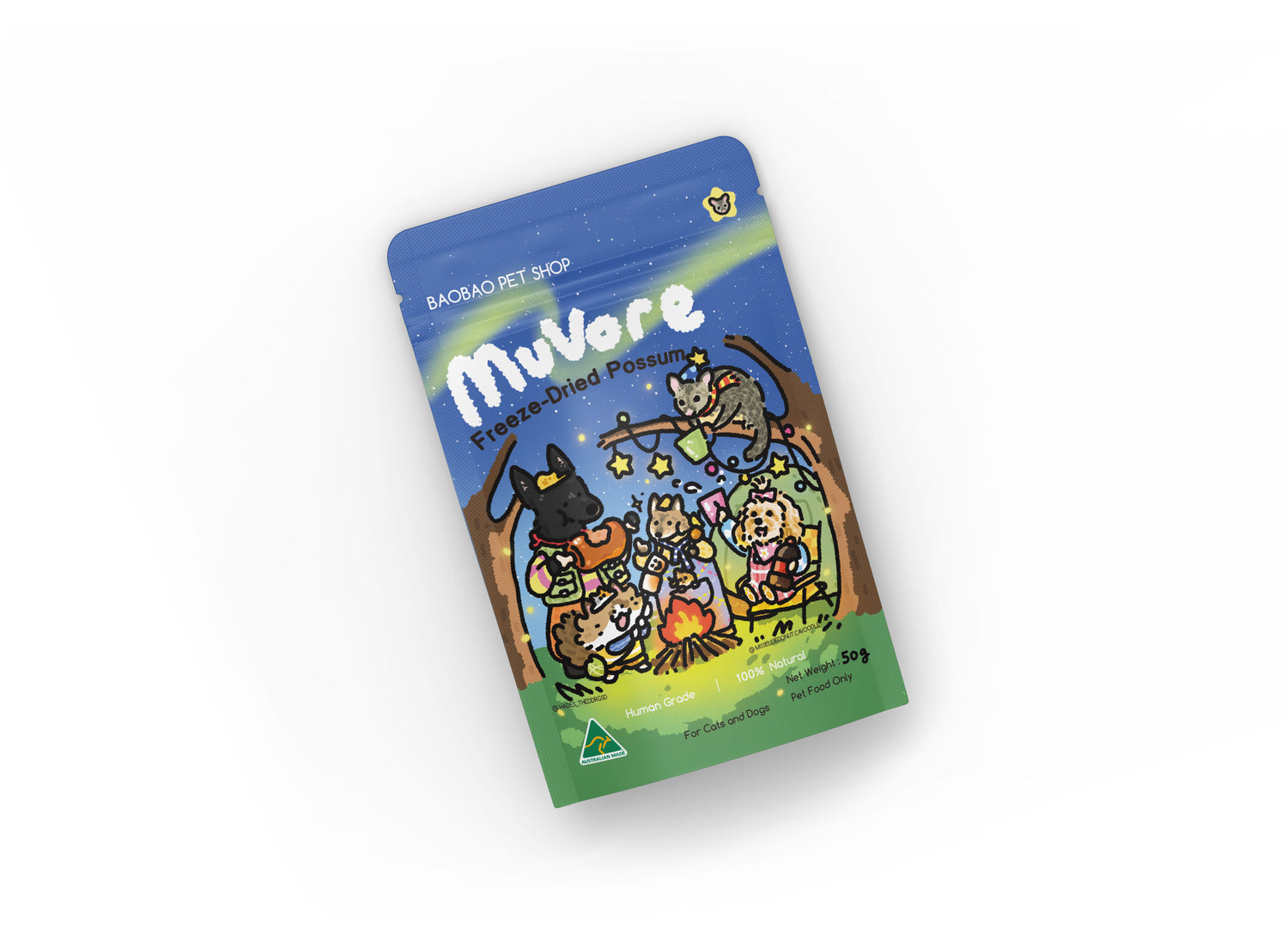 freeze dried possum meat Packaging: product with cartoon illustrations of animals around a campfire on a blue and green background.