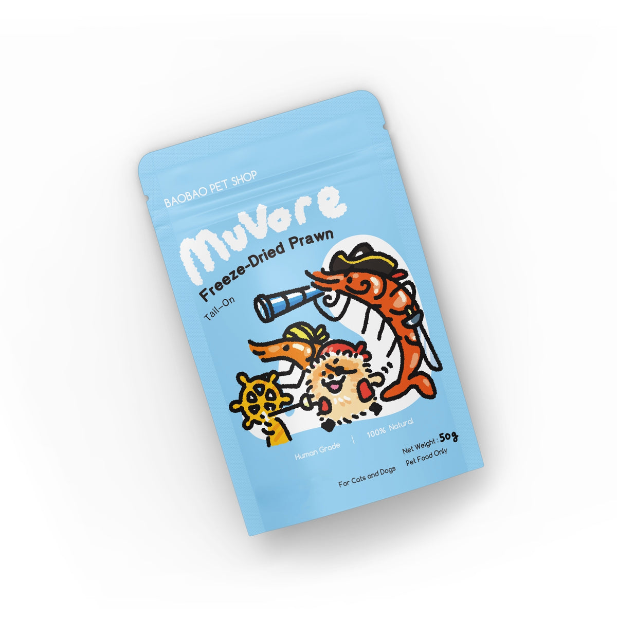 MuVore freeze-dried prawn package for pets on a white background