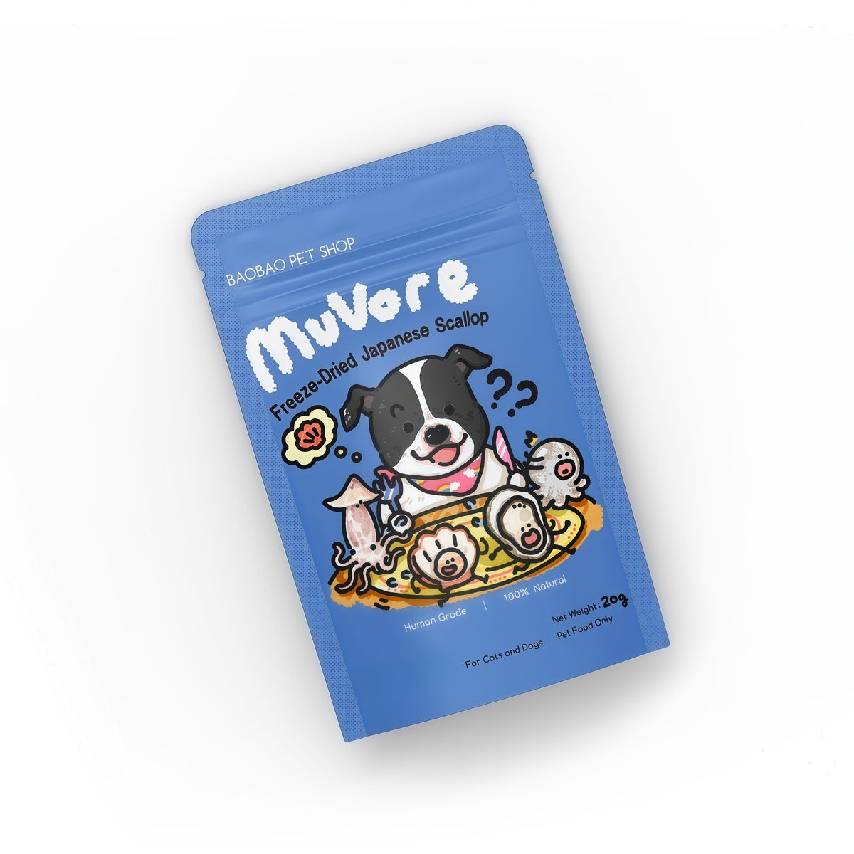 Blue package of MuVore freeze-dried Japanese Scallop for pets on a white background
