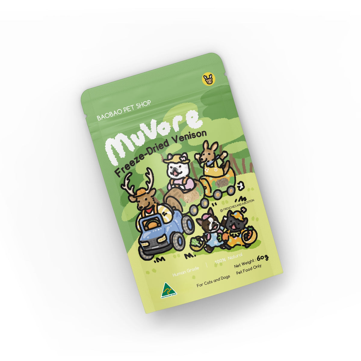 Green package of Muvore freeze-dried venison for pets on a white background