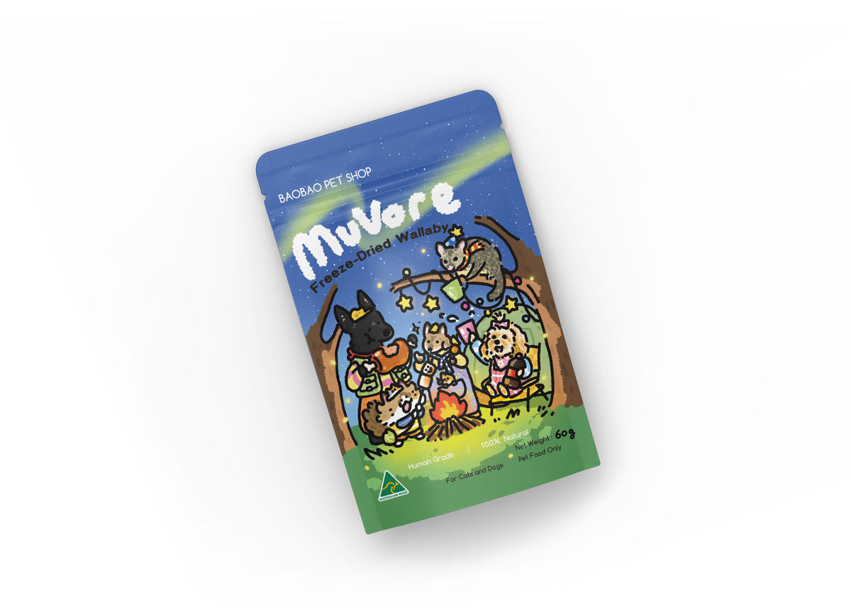 freeze dried wallaby packaging with cartoon illustrations on a white background