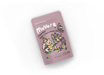 Pink package of Muvore freeze dried wild rabbit with organic medley bites under cartoon illustrations on a white background