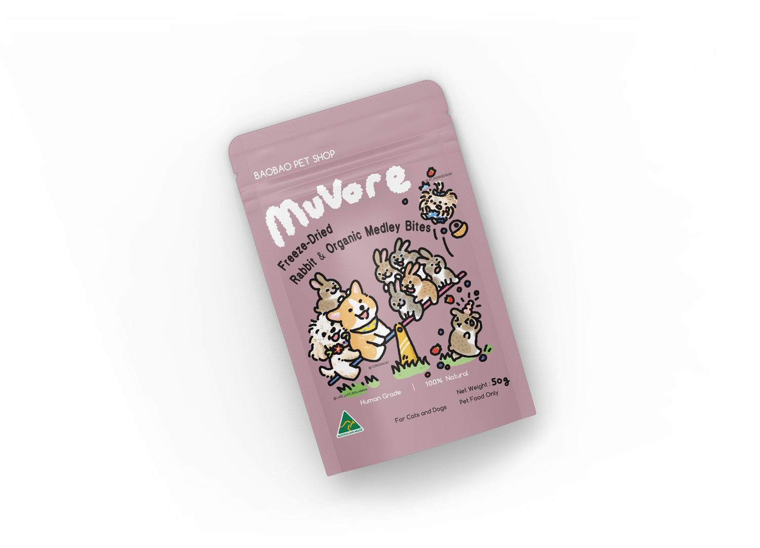 Pink package of Muvore freeze dried wild rabbit with organic medley bites under cartoon illustrations on a white background