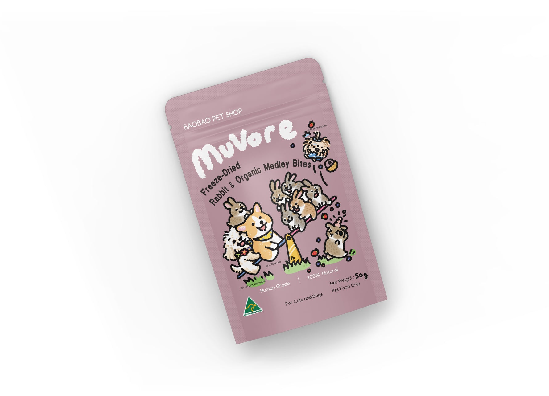 Pink package of Muvore freeze dried wild rabbit with organic medley bites under cartoon illustrations on a white background