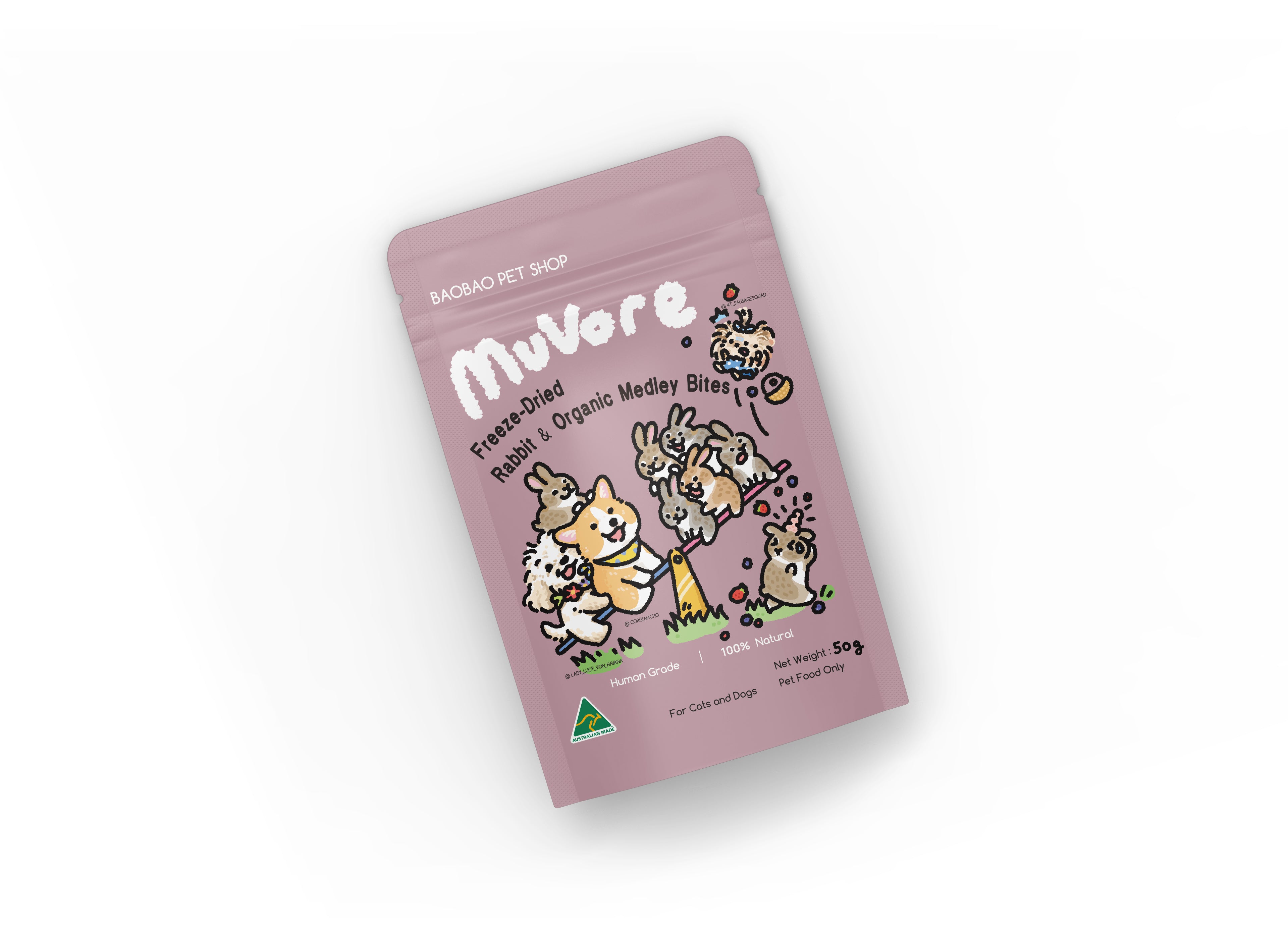 Pink package of Muvore freeze dried wild rabbit with organic medley bites under cartoon illustrations on a white background